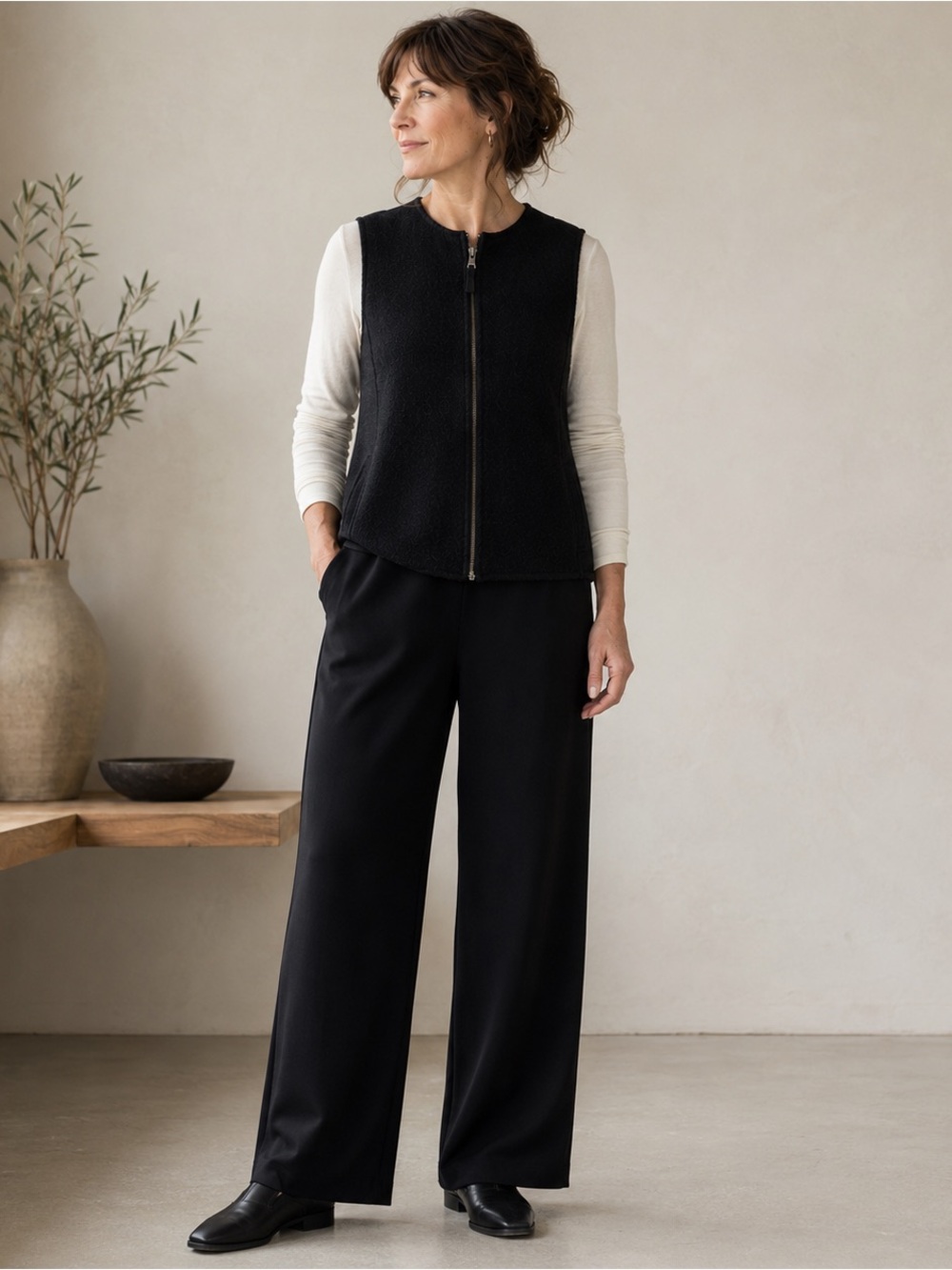 Eileen Fisher PM Black 100% Wool Long Vest Full Zip Minimalist Lagenlook Highlan